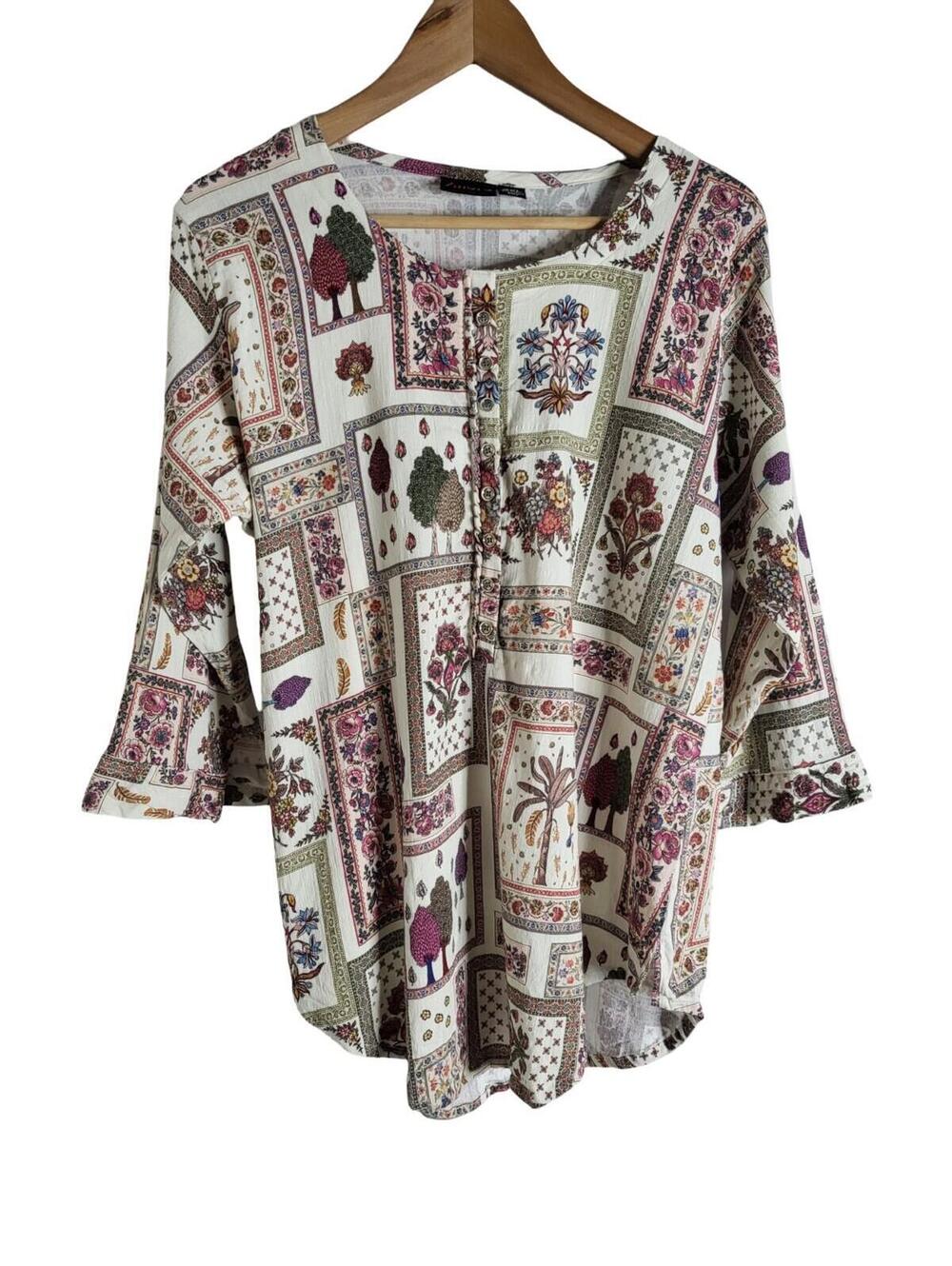 Anora Floral Bohemian Patchwork V-neck Long Sleeve Blouse Size 3XL